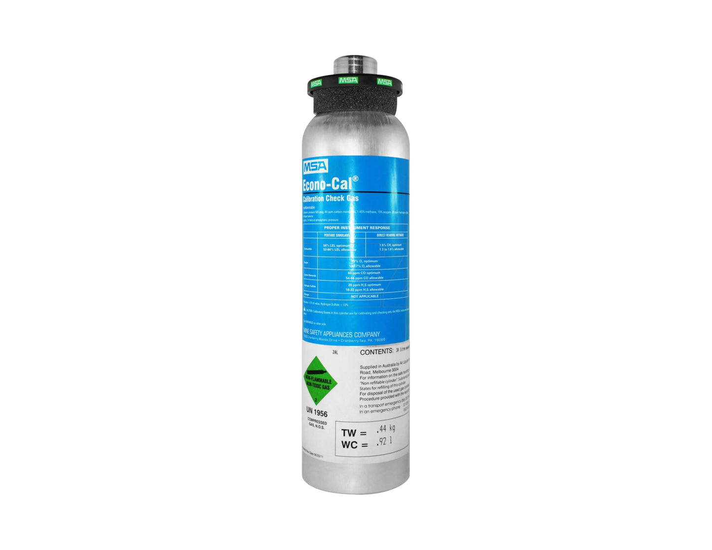 MSA CAL GAS 5 GAS PENTANE STD 58% LEL, 60 PPM CO, 20 PPM H2S, 15% O2, 10 PPM SO2 - 34L (Each)